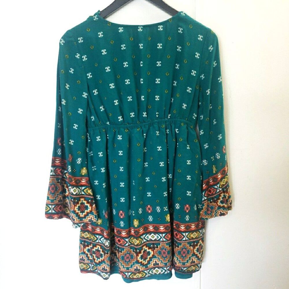 Boho Teal Green V-Neck Mini Dress Tie Waist Peasant Bell Sleeve Country Size M - Picture 6 of 11
